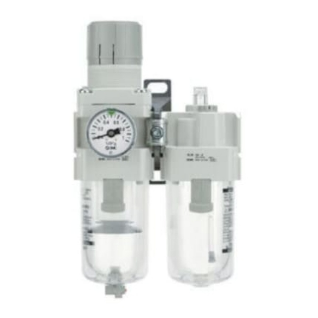 Picture of 1/4 in, 1/8 in Filter Regulator Lubricator, Automatic Drain, 5μm Filtration Size - With Pressure Gauge, SMC, AC20A-F01G-A