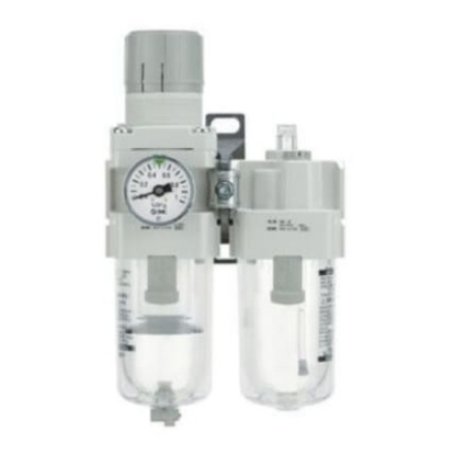 Picture of 1/4 in, 1/8 in Filter Regulator Lubricator, Automatic Drain, 5μm Filtration Size - With Pressure Gauge, SMC, AC20A-F01G-A