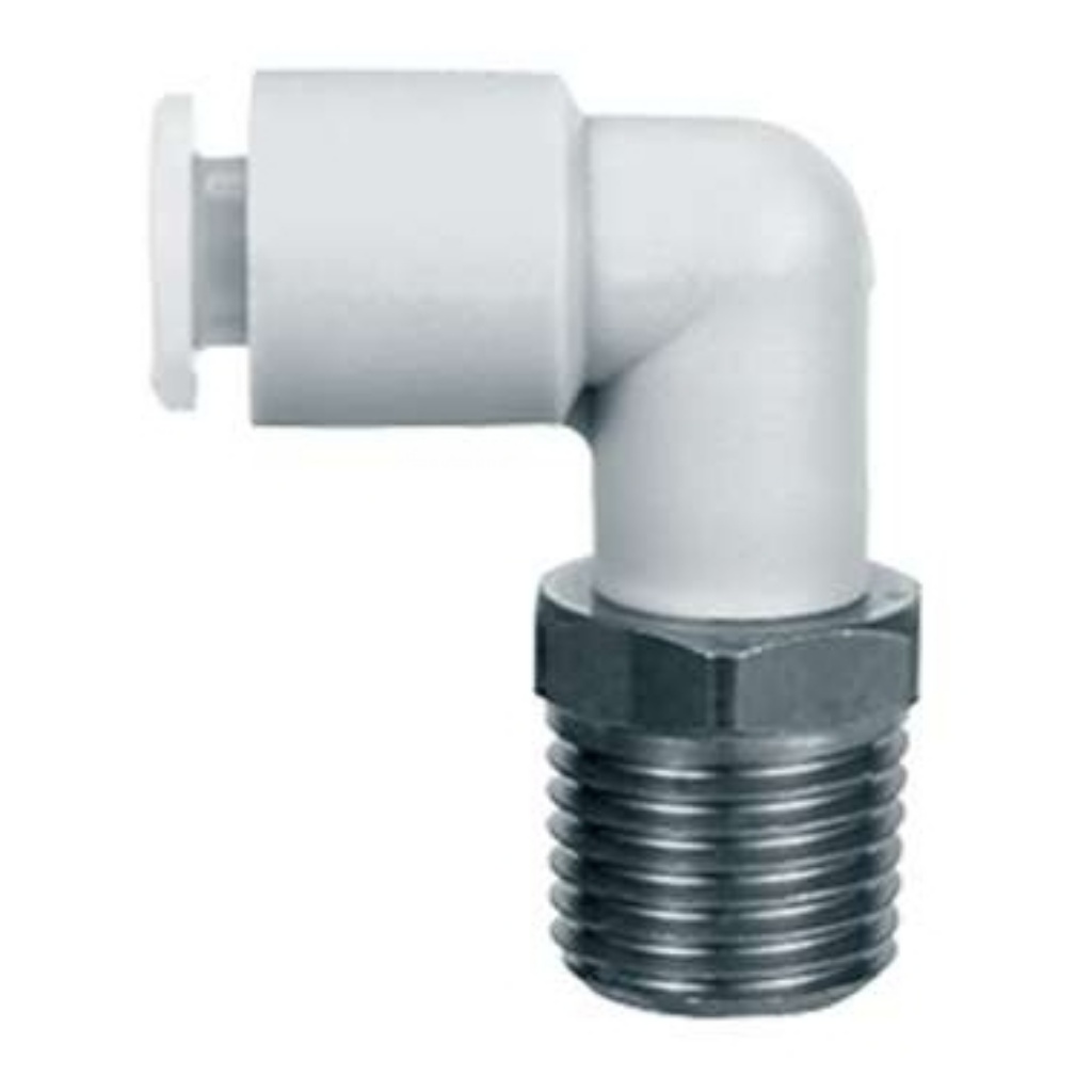 Picture of KG Series Male Stud Elbow, M5 x 0.8 to Push In 4 mm, Threaded-to-Tube Connection Style, SMC, KGL04-M5