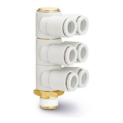 Picture of KQ2 Series Double Branch Universal Male Elbow, R 1/2 to Push In 10 mm, Threaded-to-Tube Connection Style,, SMC, KQ2ZT10-04AS
