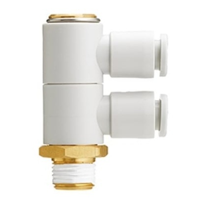 Picture of KQ2 Series Double Branch Universal Male Elbow, R 1/4 to Push In 6 mm, Threaded-to-Tube Connection Style, SMC, KQ2VD06-02NP