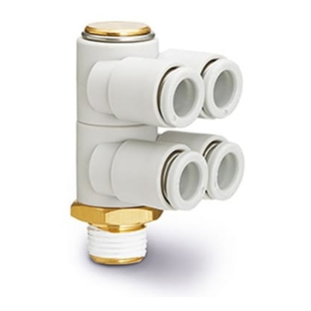 Picture of KQ2 Series Double Branch Universal Male Elbow, R 3/8 to Push In 6 mm, Threaded-to-Tube Connection Style,, SMC, KQ2ZD06-03AS