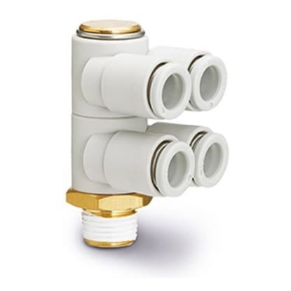 Picture of KQ2 Series Double Branch Universal Male Elbow, R 3/8 to Push In 8 mm, Threaded-to-Tube Connection Style, SMC, KQ2ZD08-03AS