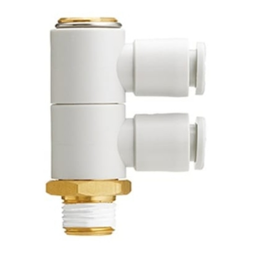Picture of KQ2VD Series Double Branch Universal Male Elbow, R 3/8 to Push In 10 mm, Threaded-to-Tube Connection Style,, SMC, KQ2VD10-03AS