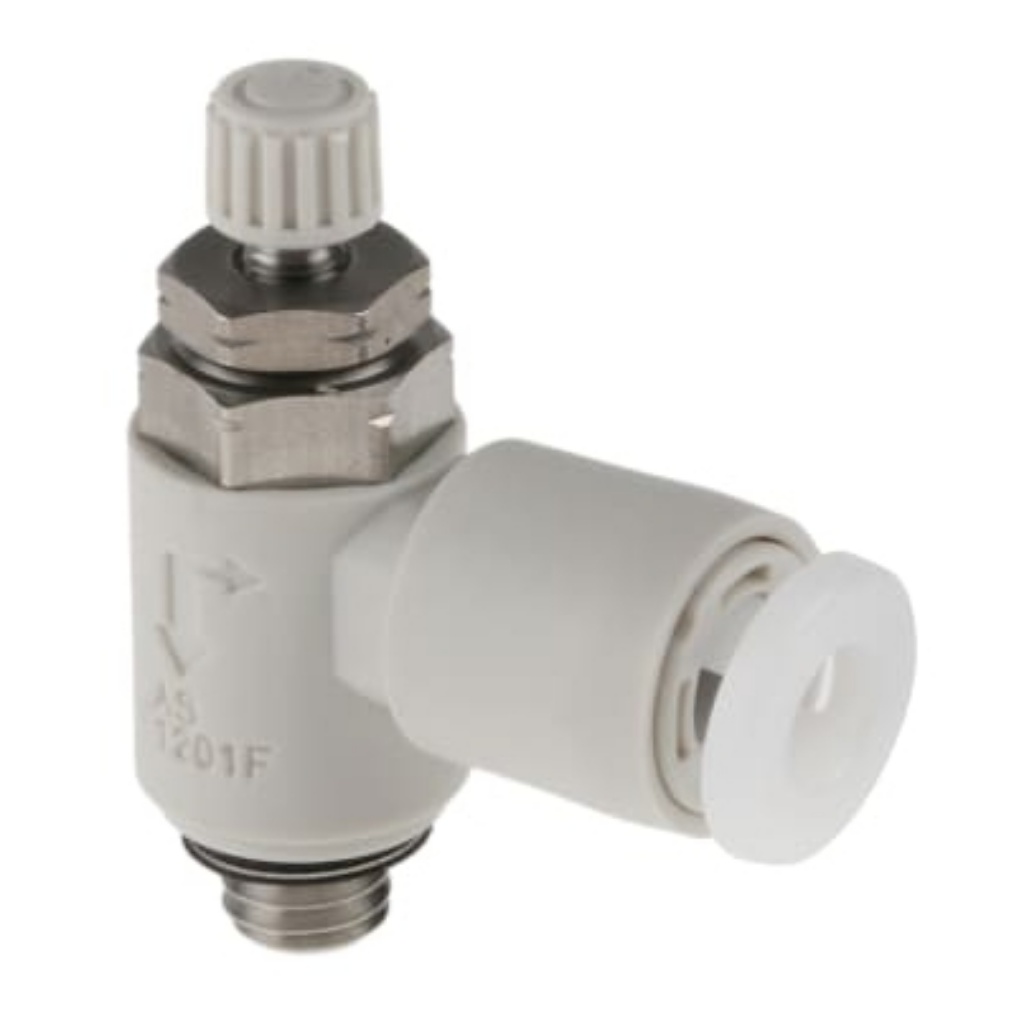 Picture of AS-FG Series Threaded Speed Controller, M5 x 0.8 Male Inlet Port x M5 x 0.8 Male Outlet Port x 4mm Tube Outlet Port, SMC, AS1201FG-M5-04