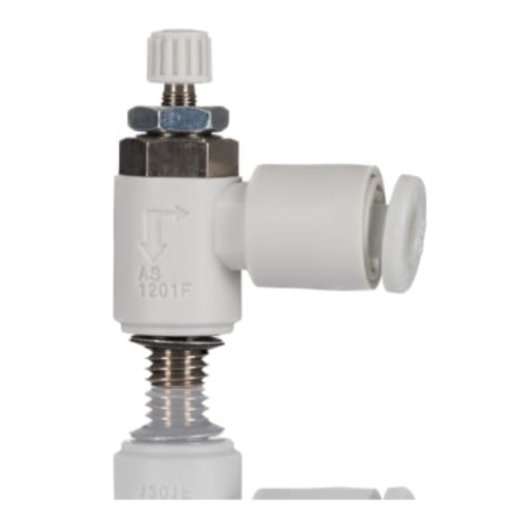 Picture of AS Series Threaded Flow Regulator, M5 x 0.8 Male Inlet Port x M5 x 0.8 Male Outlet Port x 4mm Tube Outlet Port, SMC, AS1201F-M5-04