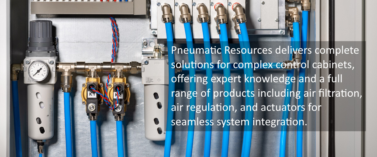 Pneumatic Resources delivers complete solutions for complex control cabinets, offering expert knowledge and a full range of products including air filtration, air regulation, and actuators for seamless system integration.